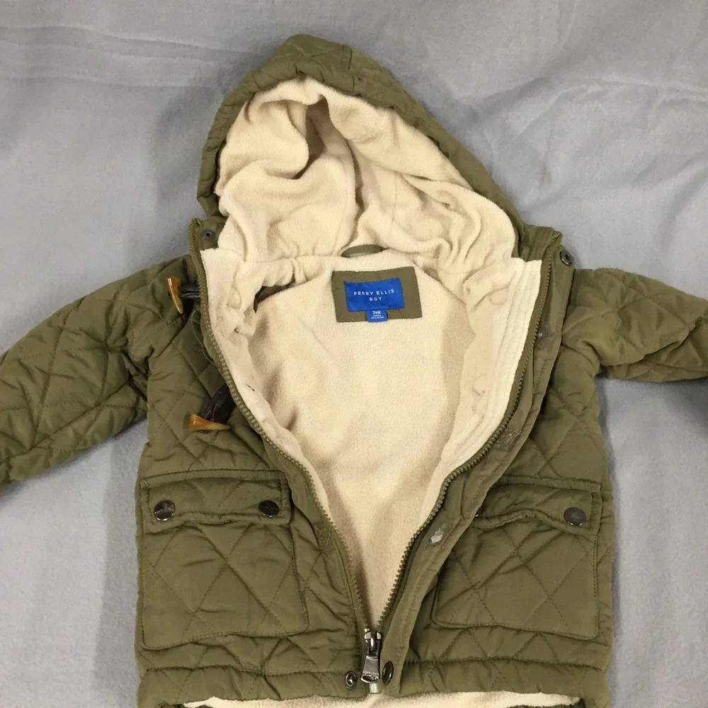 Perry Ellis Boy Quilted Hooded Jacket Olive Green Toggle Coat 24M Elbow Patches